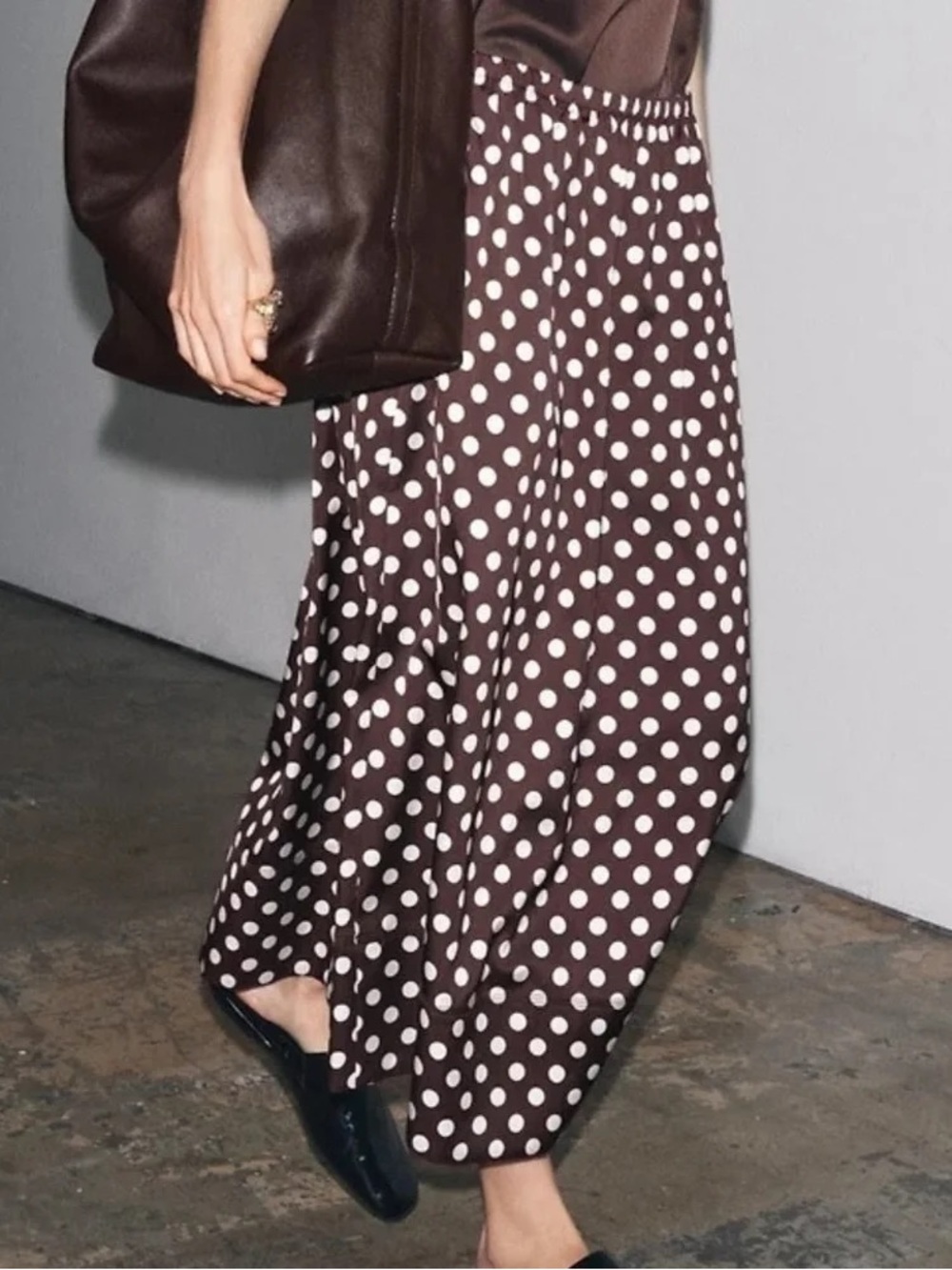 NWT ZARA Brown Midi Skirt with White Polka Dots